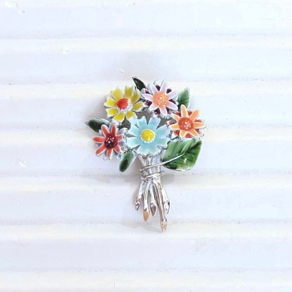 Enamel Floral Flower Bouquet Mid-Century Retro Brooch Pin Multi-Colored Vibrant